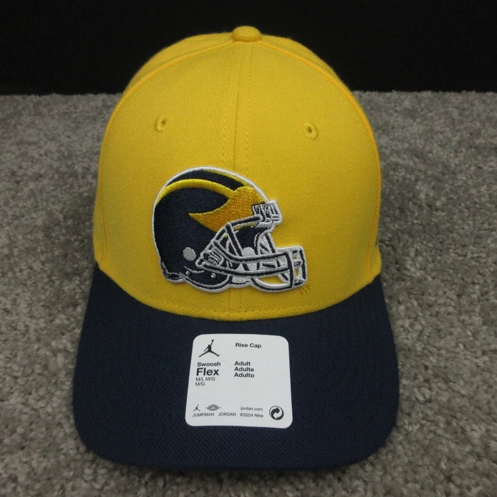 Michigan Wolverines Hat Cap Mens Fitted Medium Large Yellow Helmet Logo Jordan